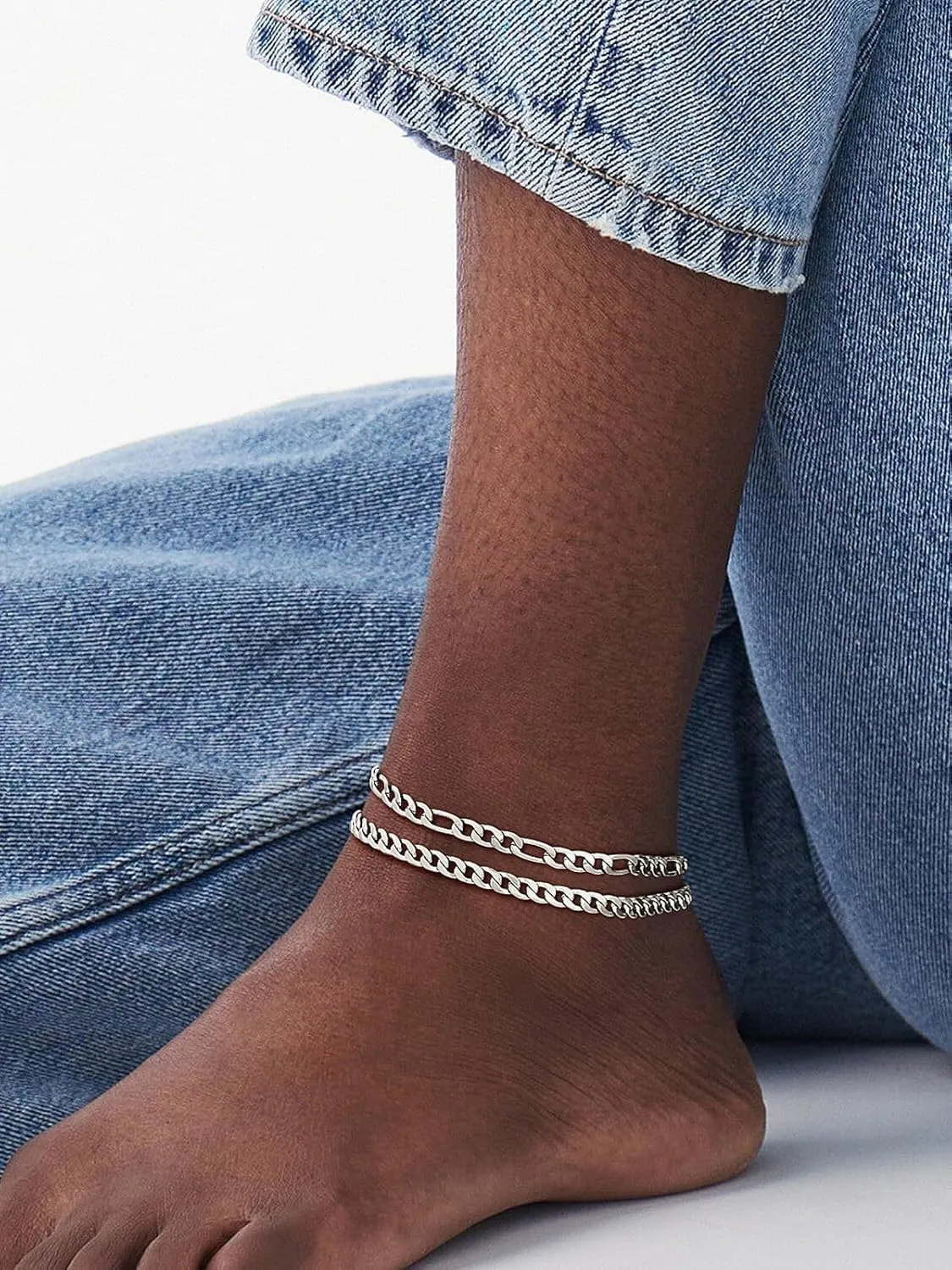 U7 2Pcs/3Pcs Ankle Bracelets for Women, Stainless Steel Cuban Link/Figaro/Rope/Heart Chain Anklets Sets,Waterproof Layered Anklets Adjustable 8.5"-10.5"