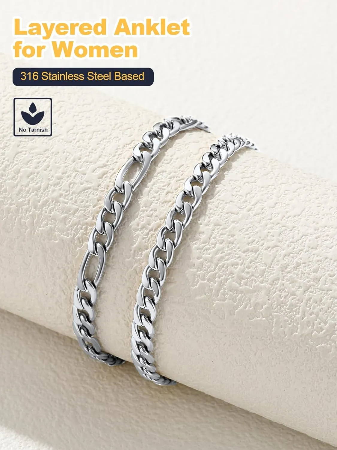 U7 2Pcs/3Pcs Ankle Bracelets for Women, Stainless Steel Cuban Link/Figaro/Rope/Heart Chain Anklets Sets,Waterproof Layered Anklets Adjustable 8.5"-10.5"