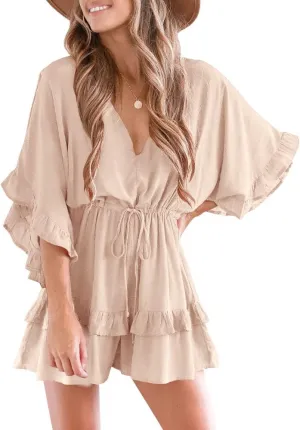 Valphsio Womens V Neck Beach Romper Ruffle Layered Drawstring Waisted Shorts Jumpsuit