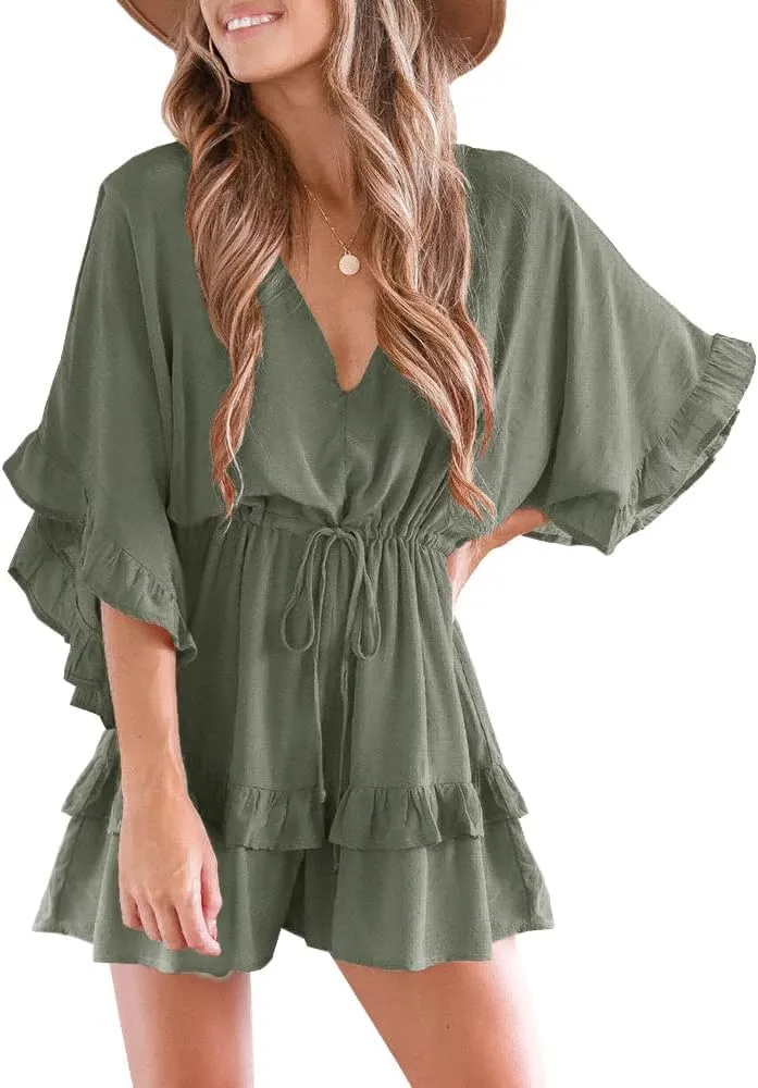 Valphsio Womens V Neck Beach Romper Ruffle Layered Drawstring Waisted Shorts Jumpsuit