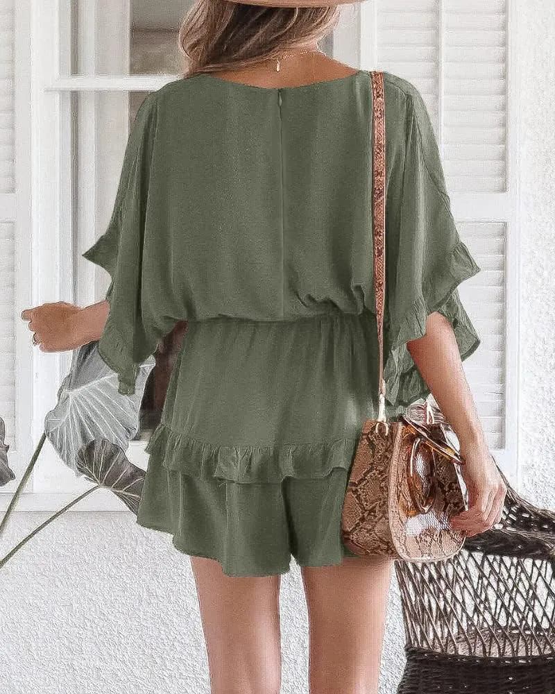 Valphsio Womens V Neck Beach Romper Ruffle Layered Drawstring Waisted Shorts Jumpsuit