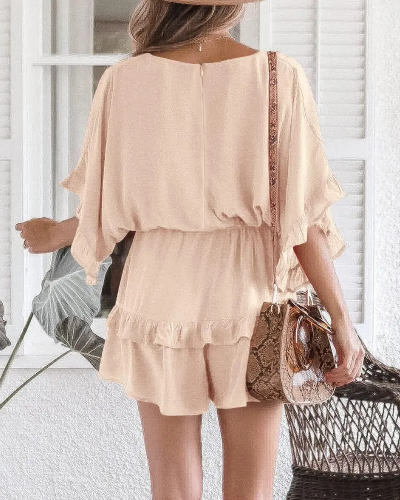 Valphsio Womens V Neck Beach Romper Ruffle Layered Drawstring Waisted Shorts Jumpsuit