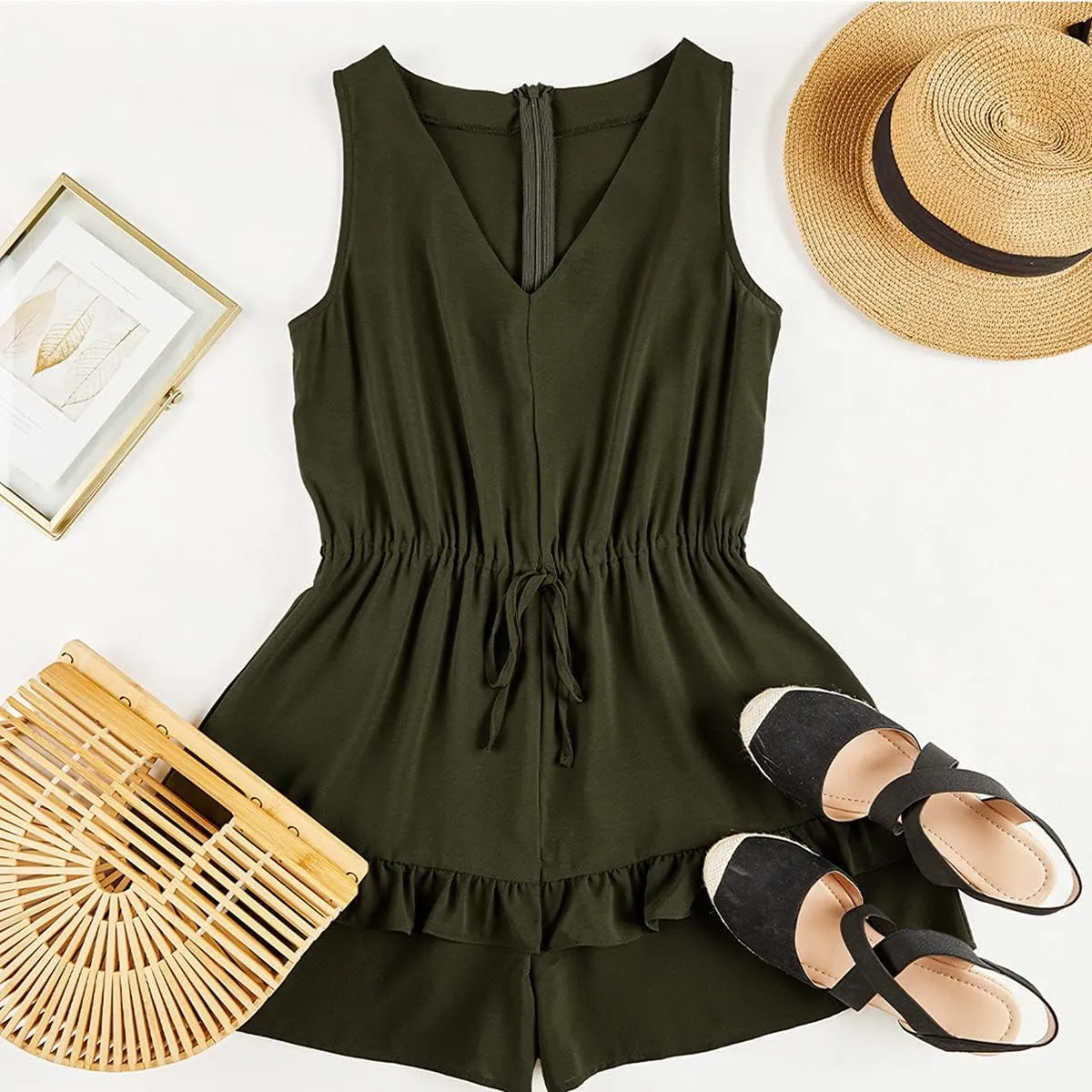Valphsio Womens V Neck Beach Tank Rompers Flowy Ruffle Layered Shorts Jumpsuit High Waist