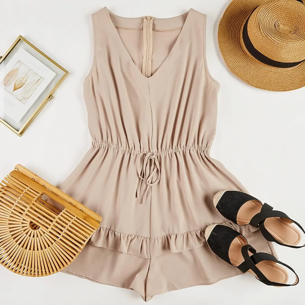 Valphsio Womens V Neck Beach Tank Rompers Flowy Ruffle Layered Shorts Jumpsuit High Waist