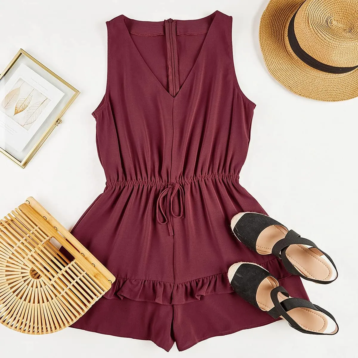 Valphsio Womens V Neck Beach Tank Rompers Flowy Ruffle Layered Shorts Jumpsuit High Waist