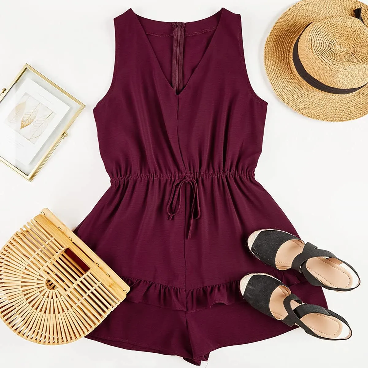 Valphsio Womens V Neck Beach Tank Rompers Flowy Ruffle Layered Shorts Jumpsuit High Waist