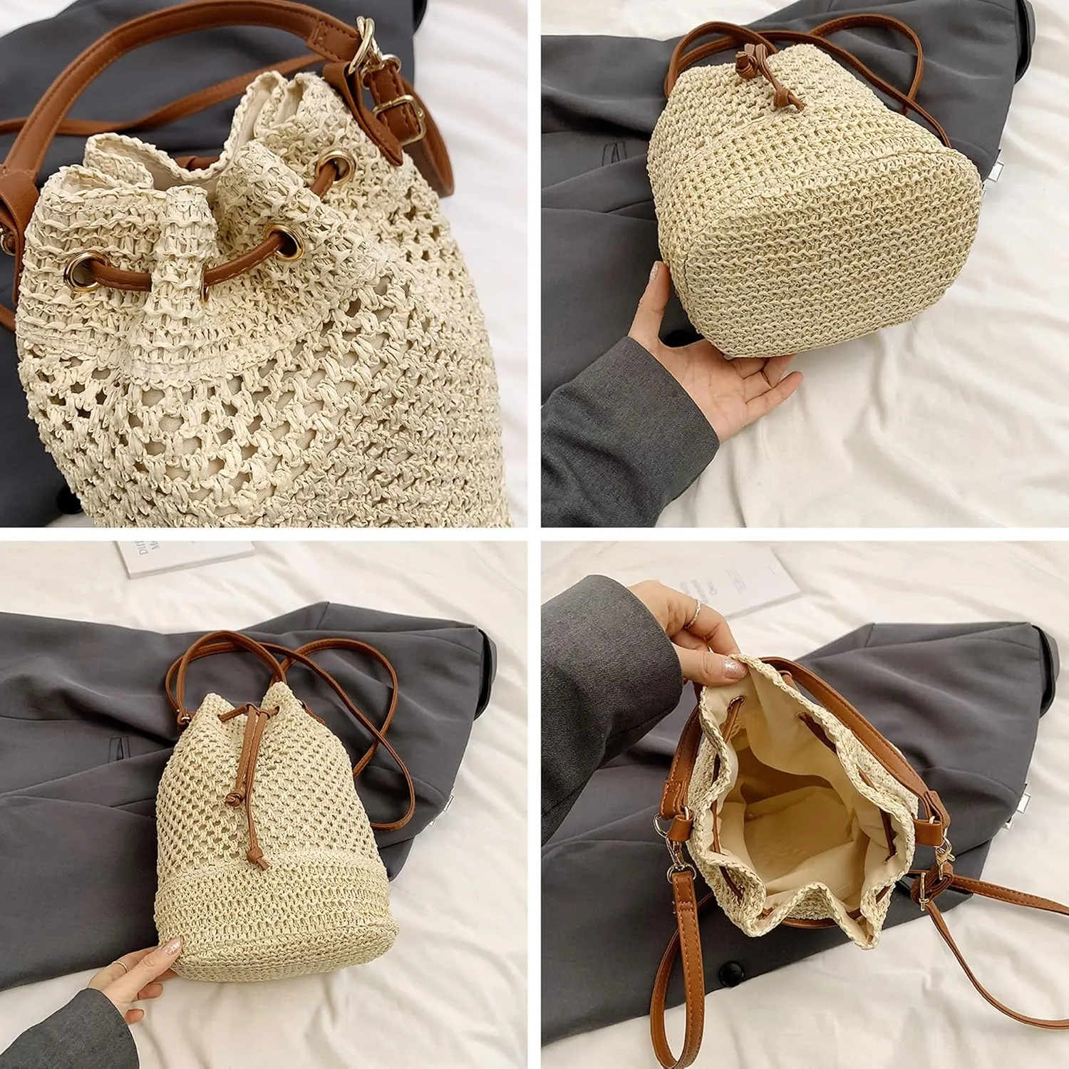 Vhitler Drawstring Straw Bag Y2k Beach Crochet Bucket Bags Small Crossbody Purses Women Cute Purse Trendy 2025 Summer