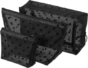 VOCOSTE 3pcs Heart Shape Print Mesh Makeup Bag, Makeup Bag Clear, Mesh Bags with Zipper, Clear Makeup Pouch Mesh Bags, Make Up Bags for Women, Black