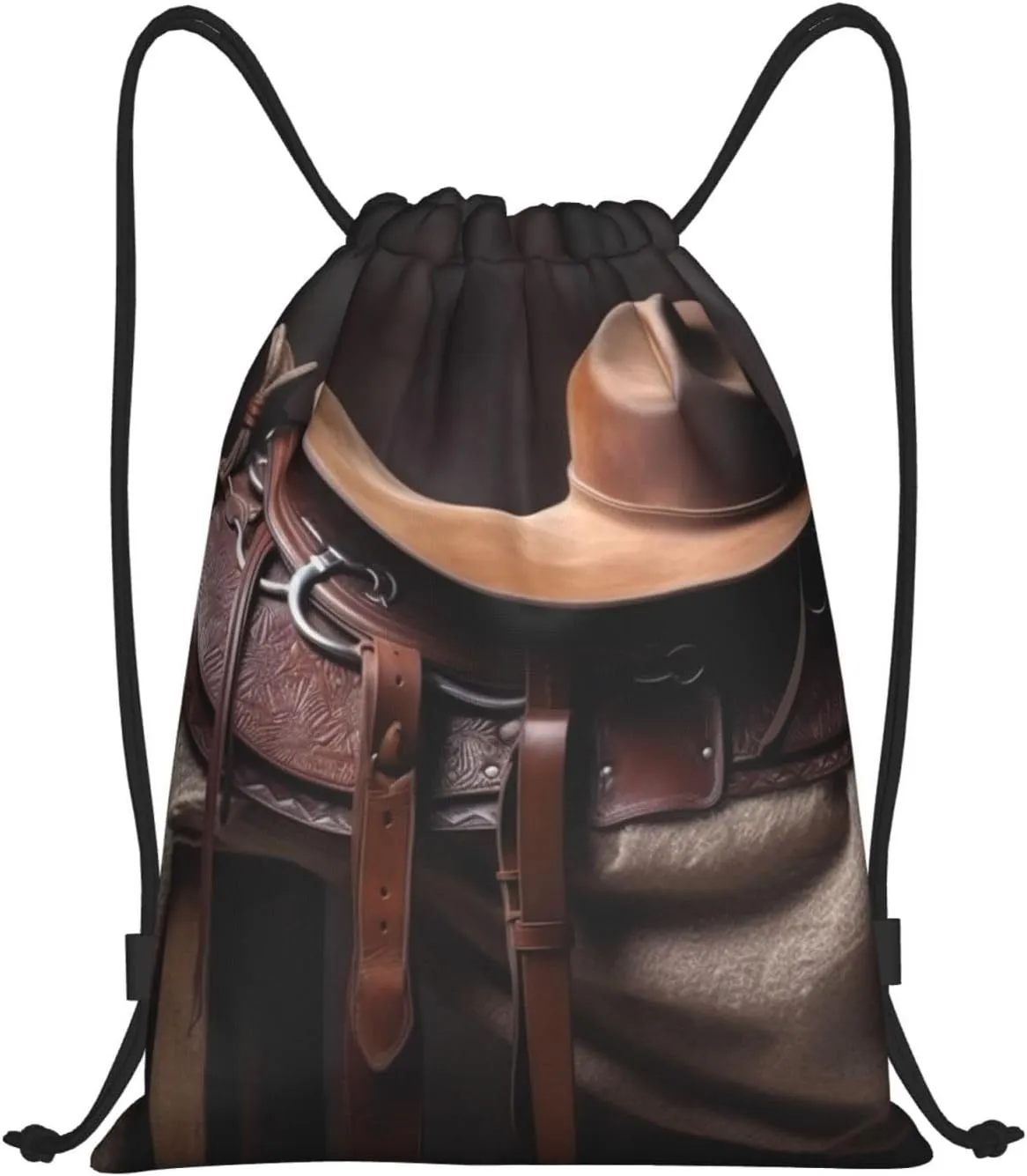 Waterproof Drawstring Gym Bag for Men Horse Saddle with a Cowboy Hat Wild Drawstring Backpack for Women Cinch Sack Sports Sackpack Medium