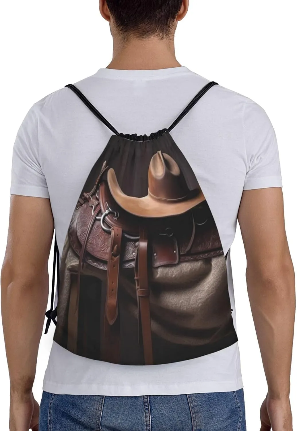 Waterproof Drawstring Gym Bag for Men Horse Saddle with a Cowboy Hat Wild Drawstring Backpack for Women Cinch Sack Sports Sackpack Medium