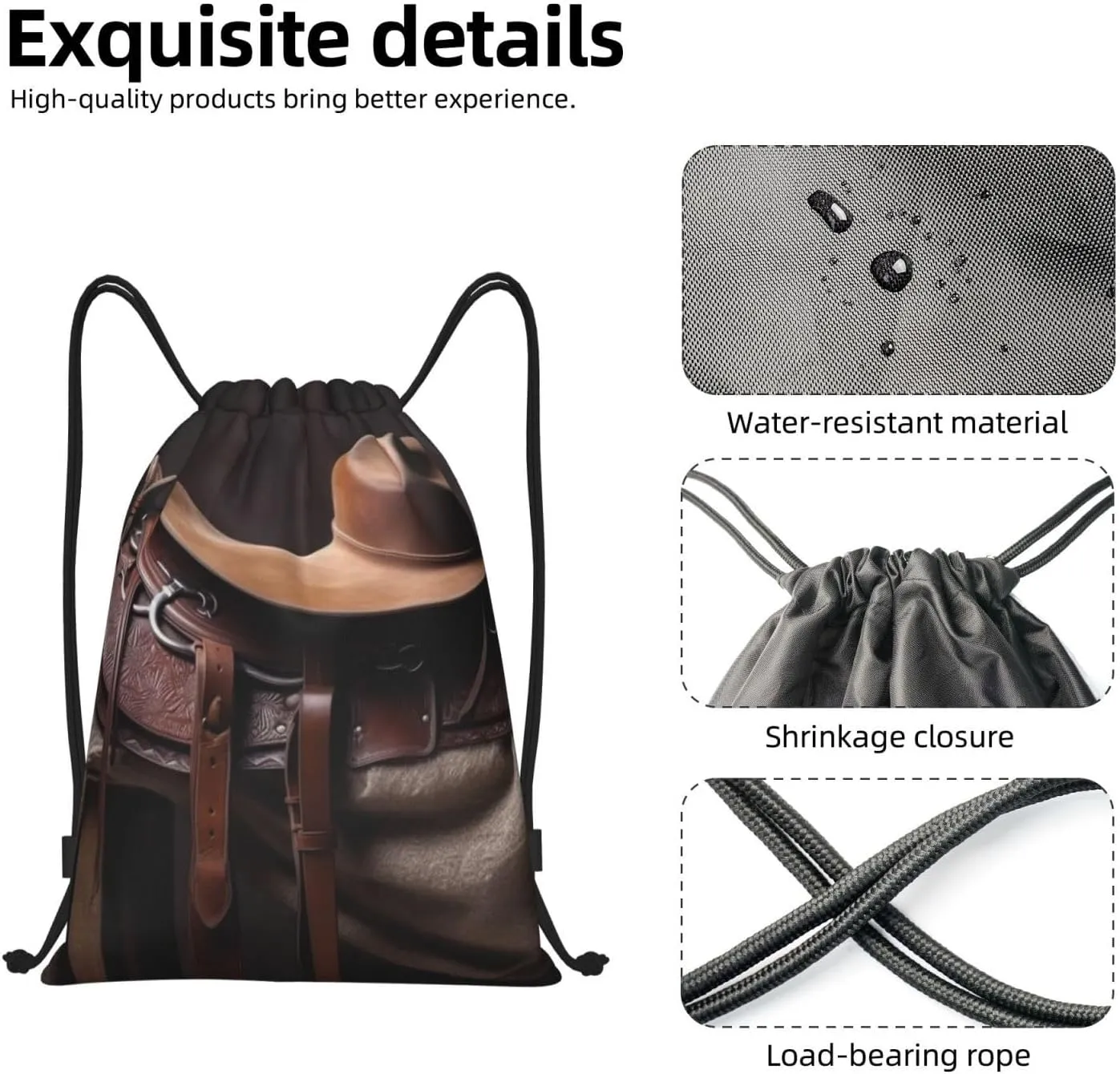 Waterproof Drawstring Gym Bag for Men Horse Saddle with a Cowboy Hat Wild Drawstring Backpack for Women Cinch Sack Sports Sackpack Medium