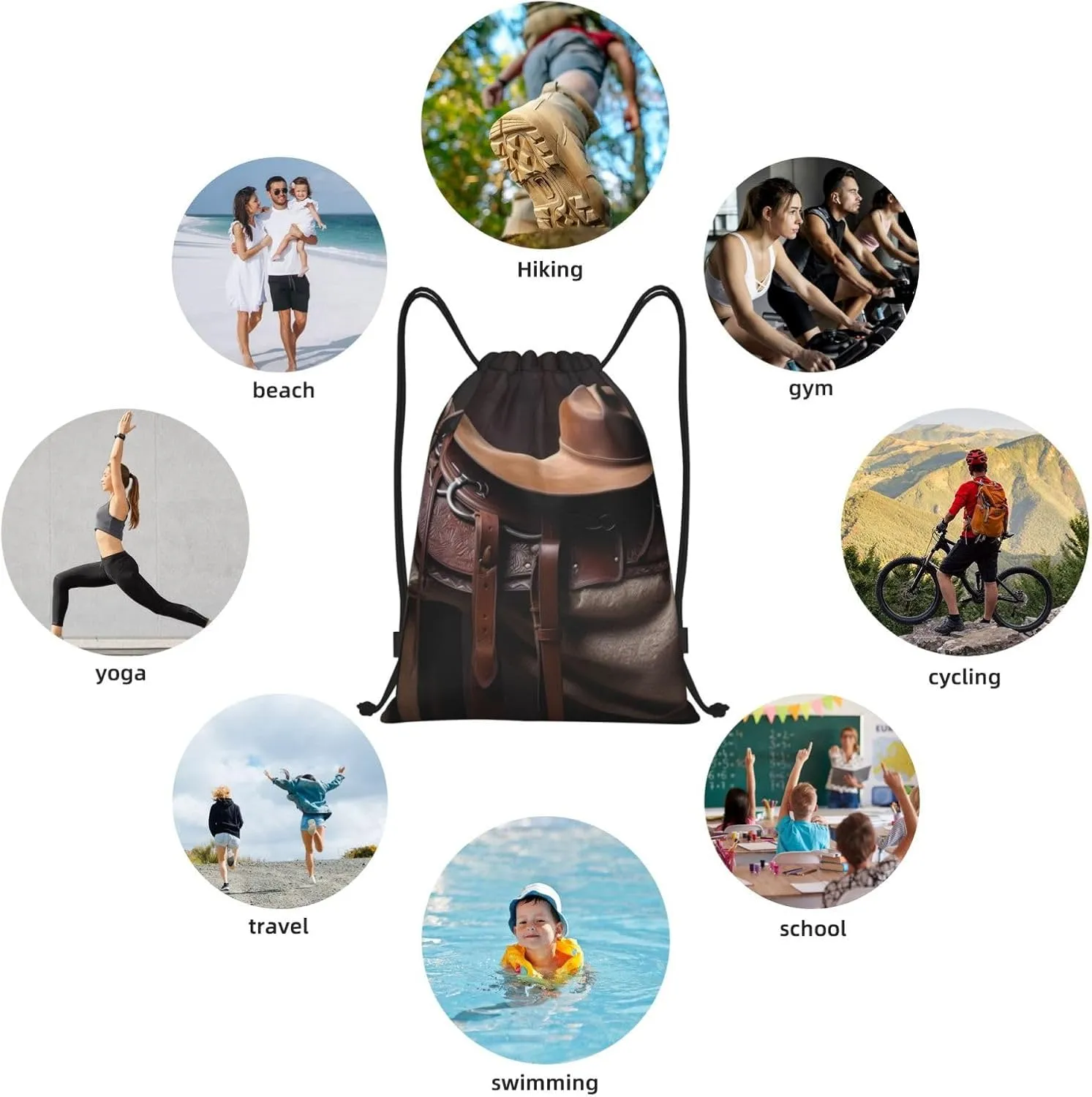 Waterproof Drawstring Gym Bag for Men Horse Saddle with a Cowboy Hat Wild Drawstring Backpack for Women Cinch Sack Sports Sackpack Medium