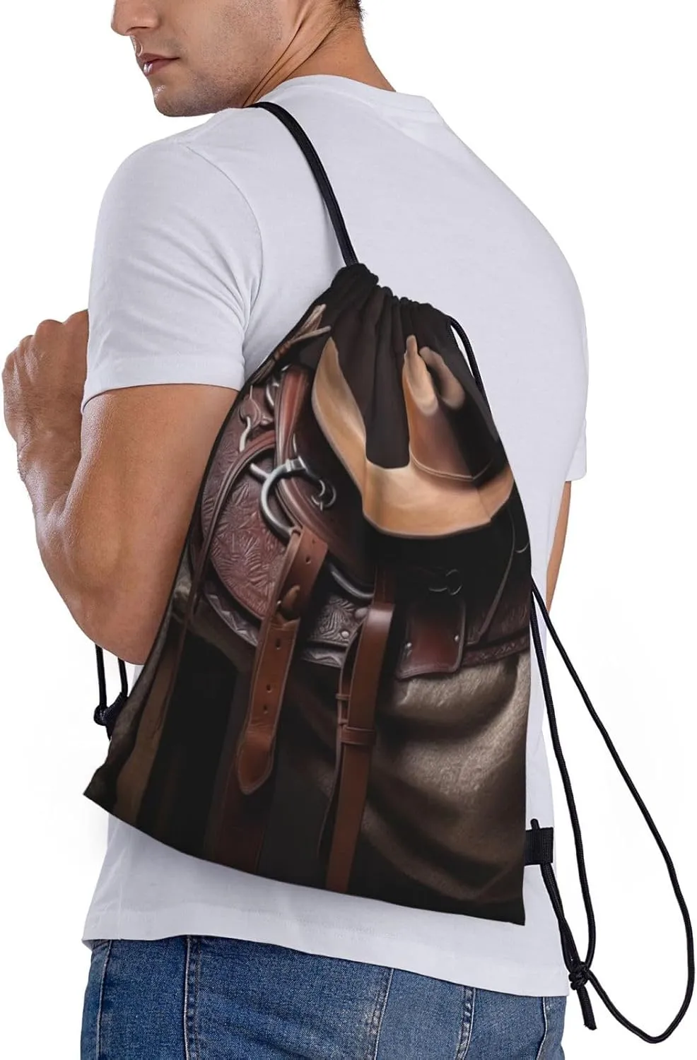 Waterproof Drawstring Gym Bag for Men Horse Saddle with a Cowboy Hat Wild Drawstring Backpack for Women Cinch Sack Sports Sackpack Medium