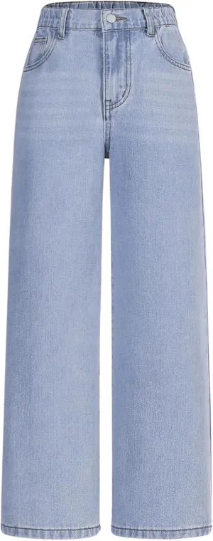 WDIRARA Girl's High Waisted Button Wide Leg Jeans Casual Long Denim Pants with Pocket