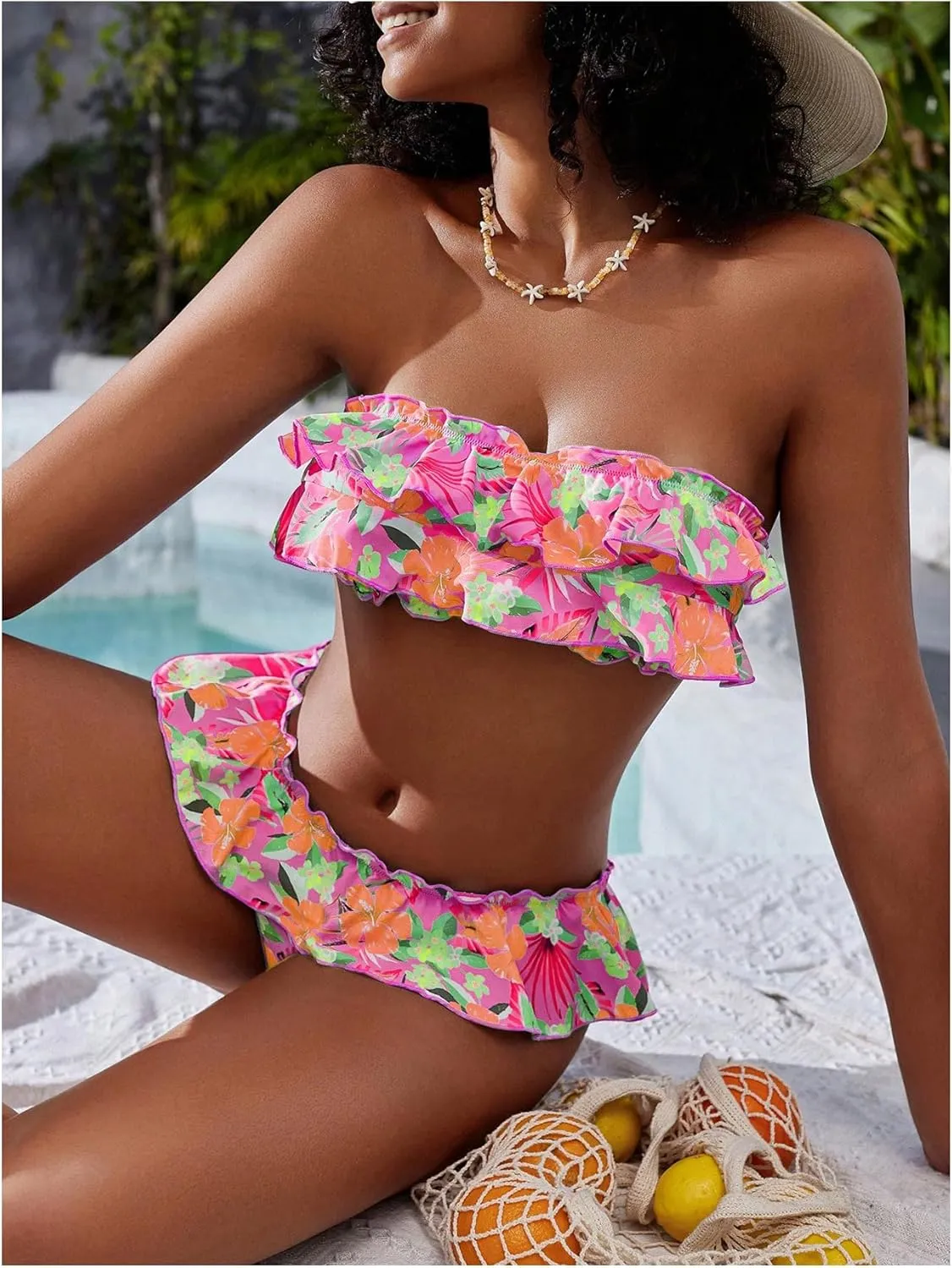 WDIRARA Women's Floral Bikini Set 2 Piece Bandeau Layered Ruffle Swimsuit Strapless Bathing Suit