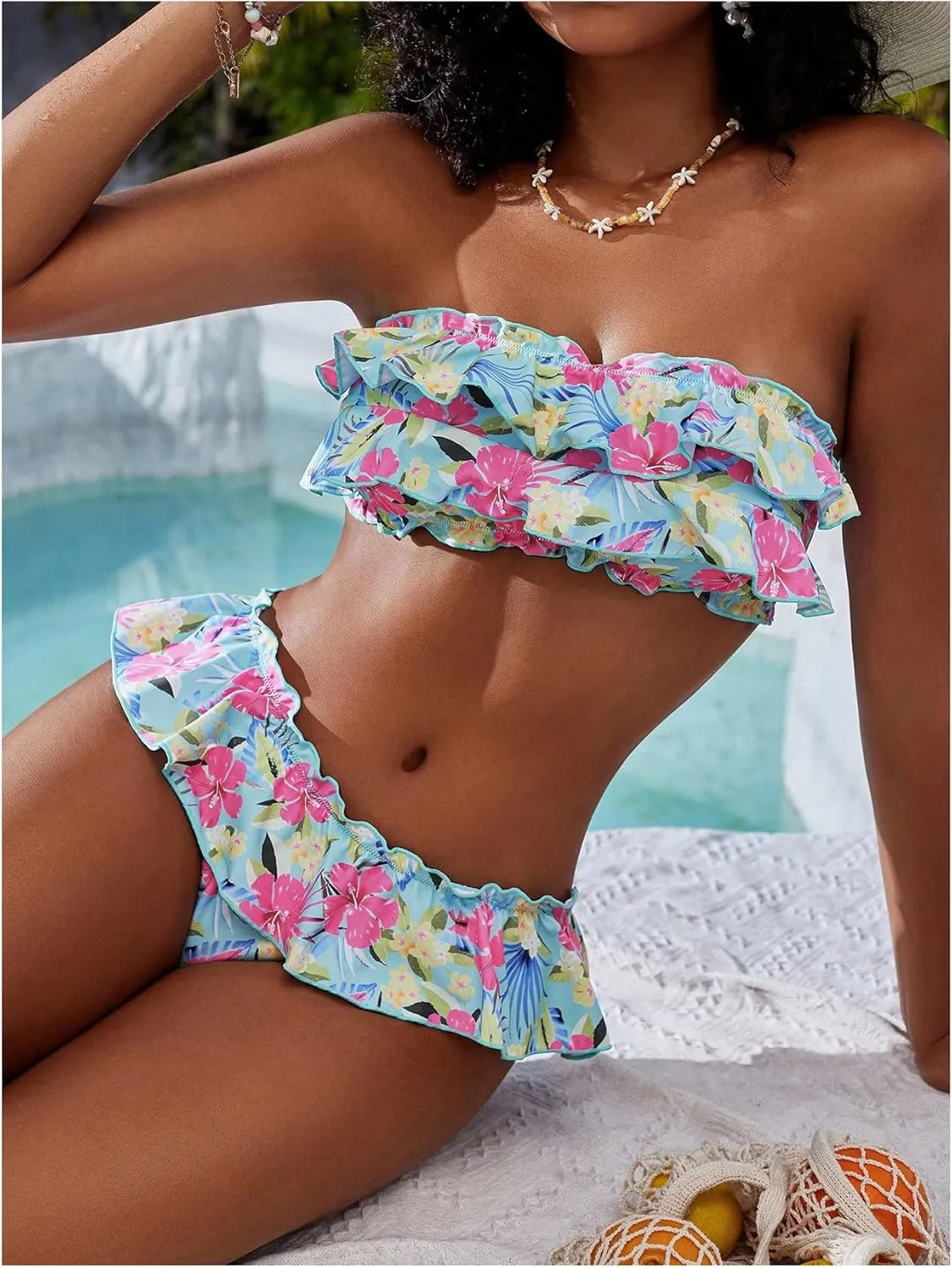 WDIRARA Women's Floral Bikini Set 2 Piece Bandeau Layered Ruffle Swimsuit Strapless Bathing Suit