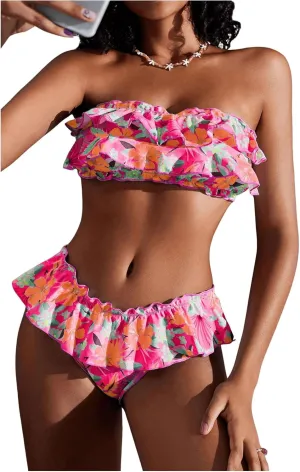 WDIRARA Women's Floral Bikini Set 2 Piece Bandeau Layered Ruffle Swimsuit Strapless Bathing Suit
