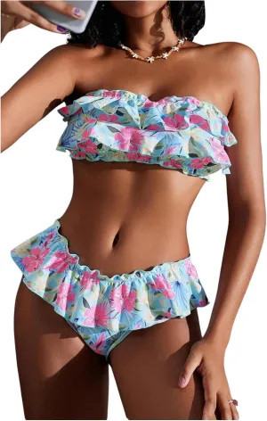 WDIRARA Women's Floral Bikini Set 2 Piece Bandeau Layered Ruffle Swimsuit Strapless Bathing Suit