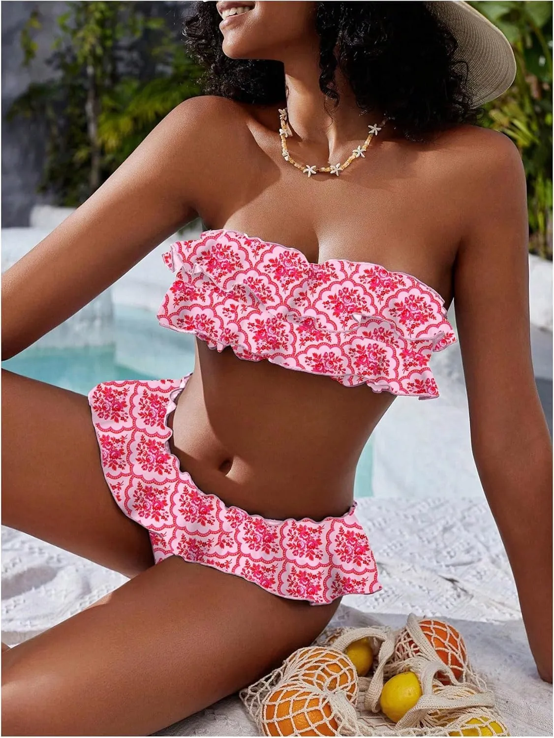 WDIRARA Women's Floral Bikini Set 2 Piece Bandeau Layered Ruffle Swimsuit Strapless Bathing Suit