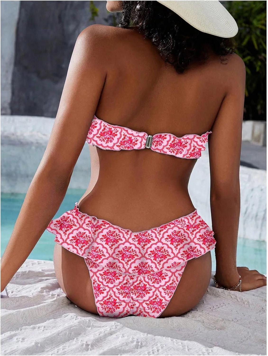 WDIRARA Women's Floral Bikini Set 2 Piece Bandeau Layered Ruffle Swimsuit Strapless Bathing Suit