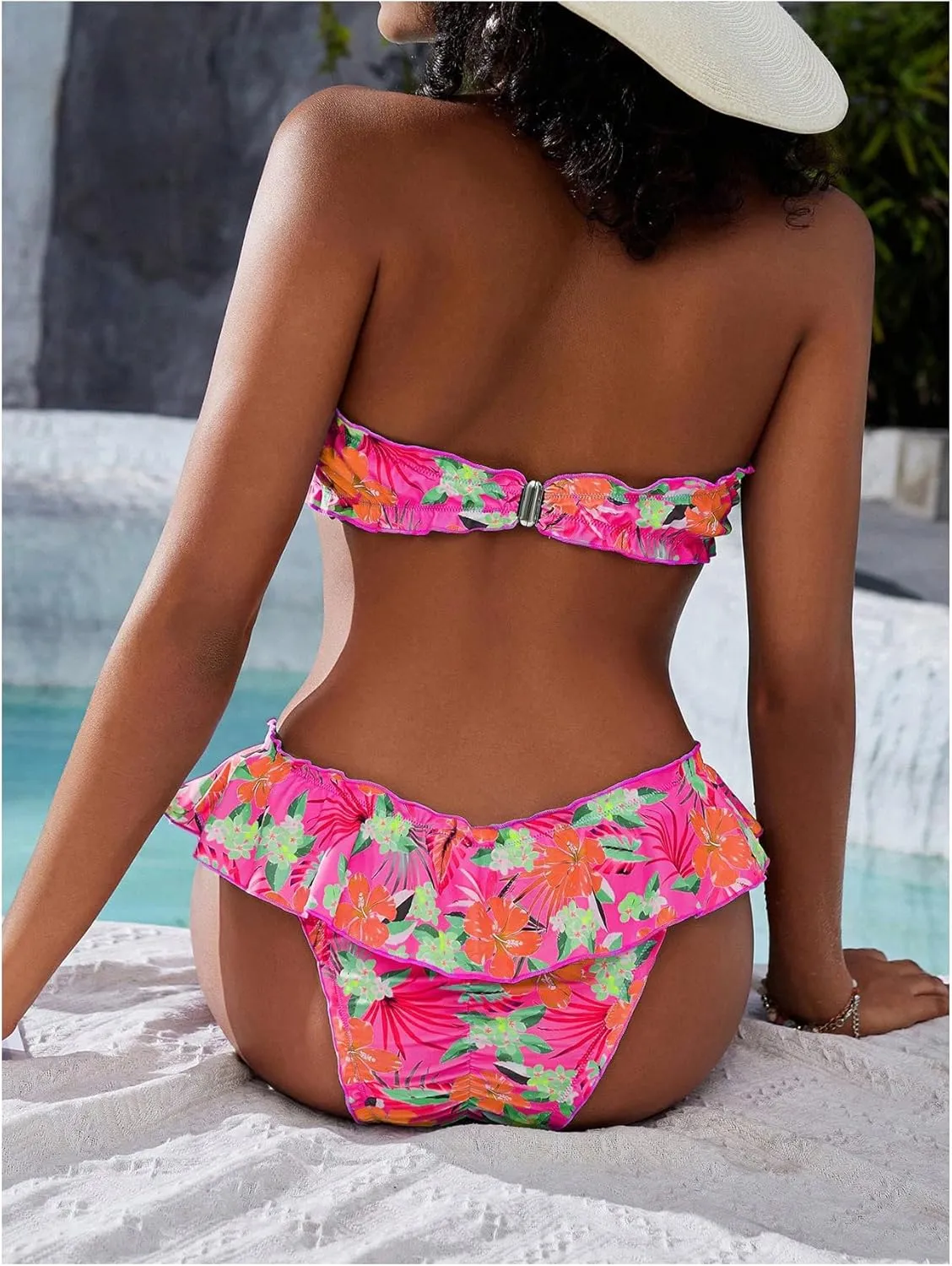 WDIRARA Women's Floral Bikini Set 2 Piece Bandeau Layered Ruffle Swimsuit Strapless Bathing Suit