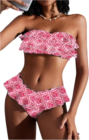 WDIRARA Women's Floral Bikini Set 2 Piece Bandeau Layered Ruffle Swimsuit Strapless Bathing Suit
