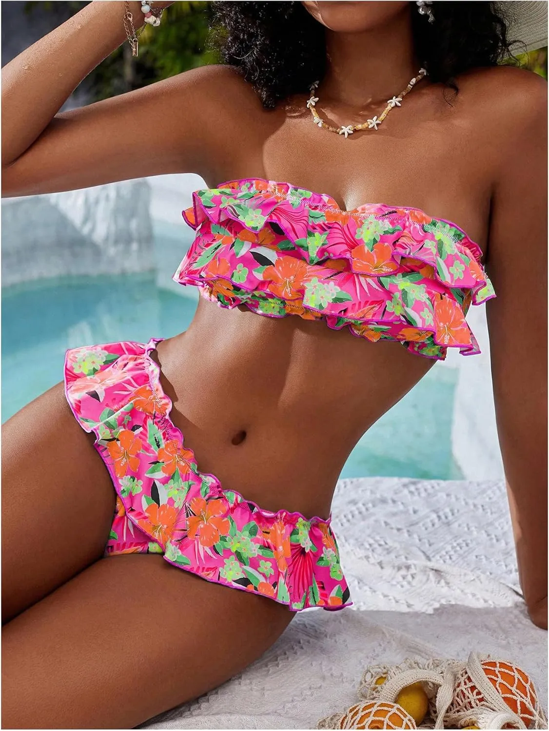 WDIRARA Women's Floral Bikini Set 2 Piece Bandeau Layered Ruffle Swimsuit Strapless Bathing Suit