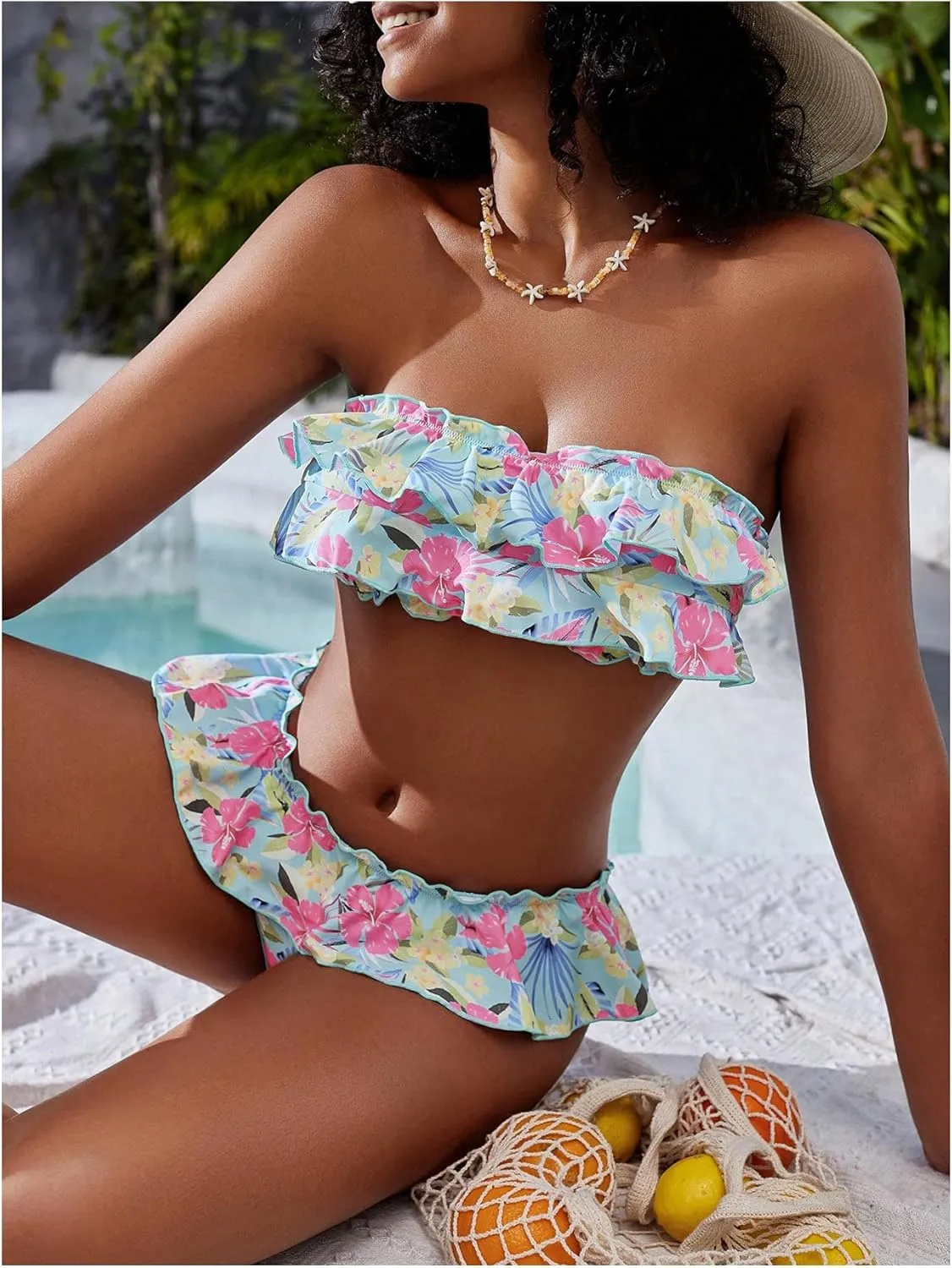WDIRARA Women's Floral Bikini Set 2 Piece Bandeau Layered Ruffle Swimsuit Strapless Bathing Suit