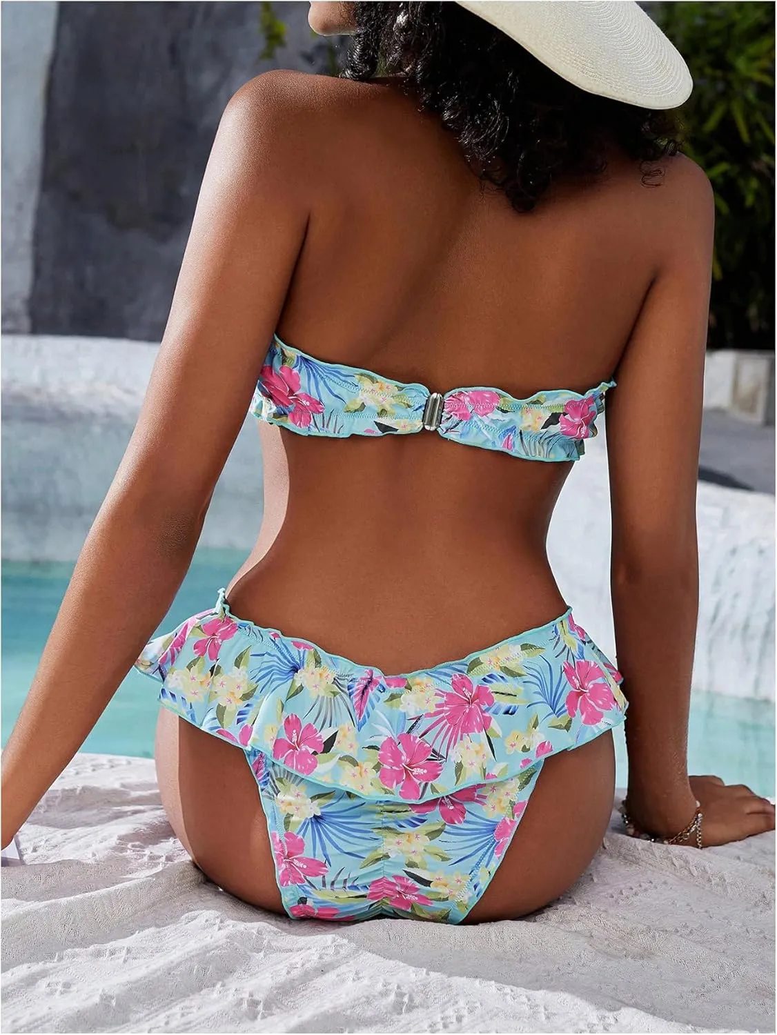 WDIRARA Women's Floral Bikini Set 2 Piece Bandeau Layered Ruffle Swimsuit Strapless Bathing Suit