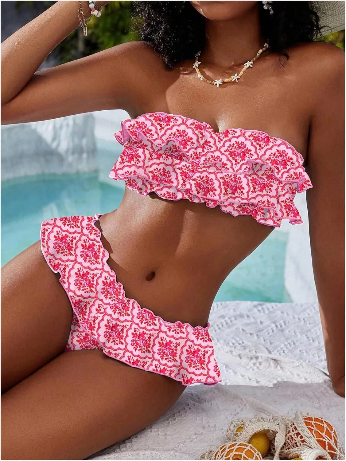 WDIRARA Women's Floral Bikini Set 2 Piece Bandeau Layered Ruffle Swimsuit Strapless Bathing Suit