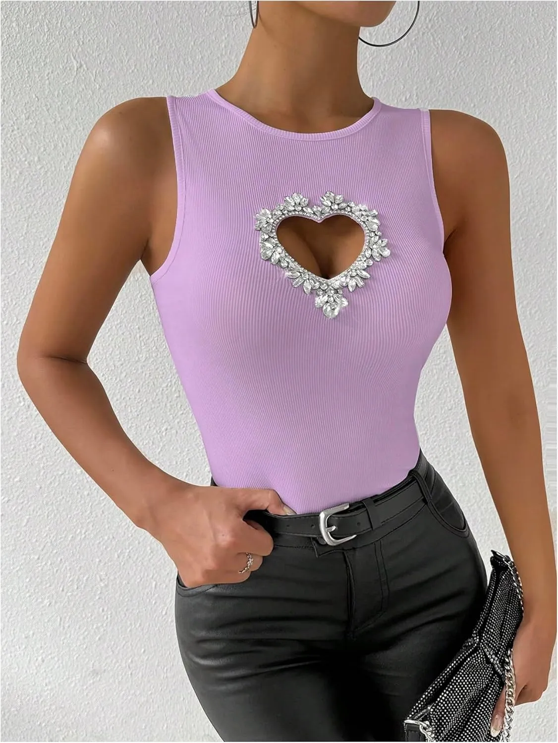 WDIRARA Women's Heart Rhinestone Cut Out Tank Top Casual Slim Fit Rib Knit Tops