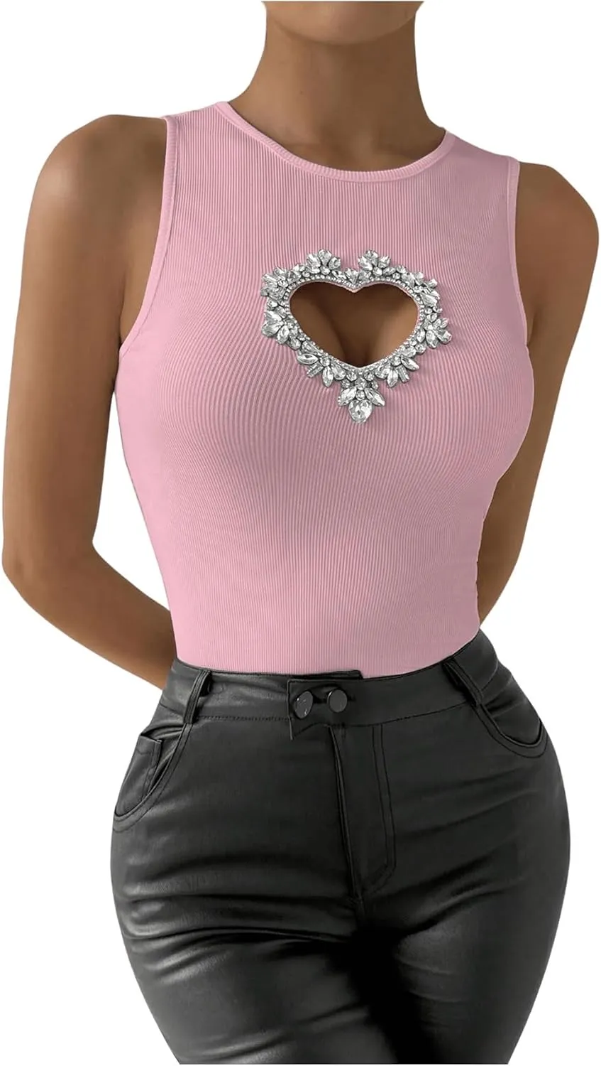 WDIRARA Women's Heart Rhinestone Cut Out Tank Top Casual Slim Fit Rib Knit Tops