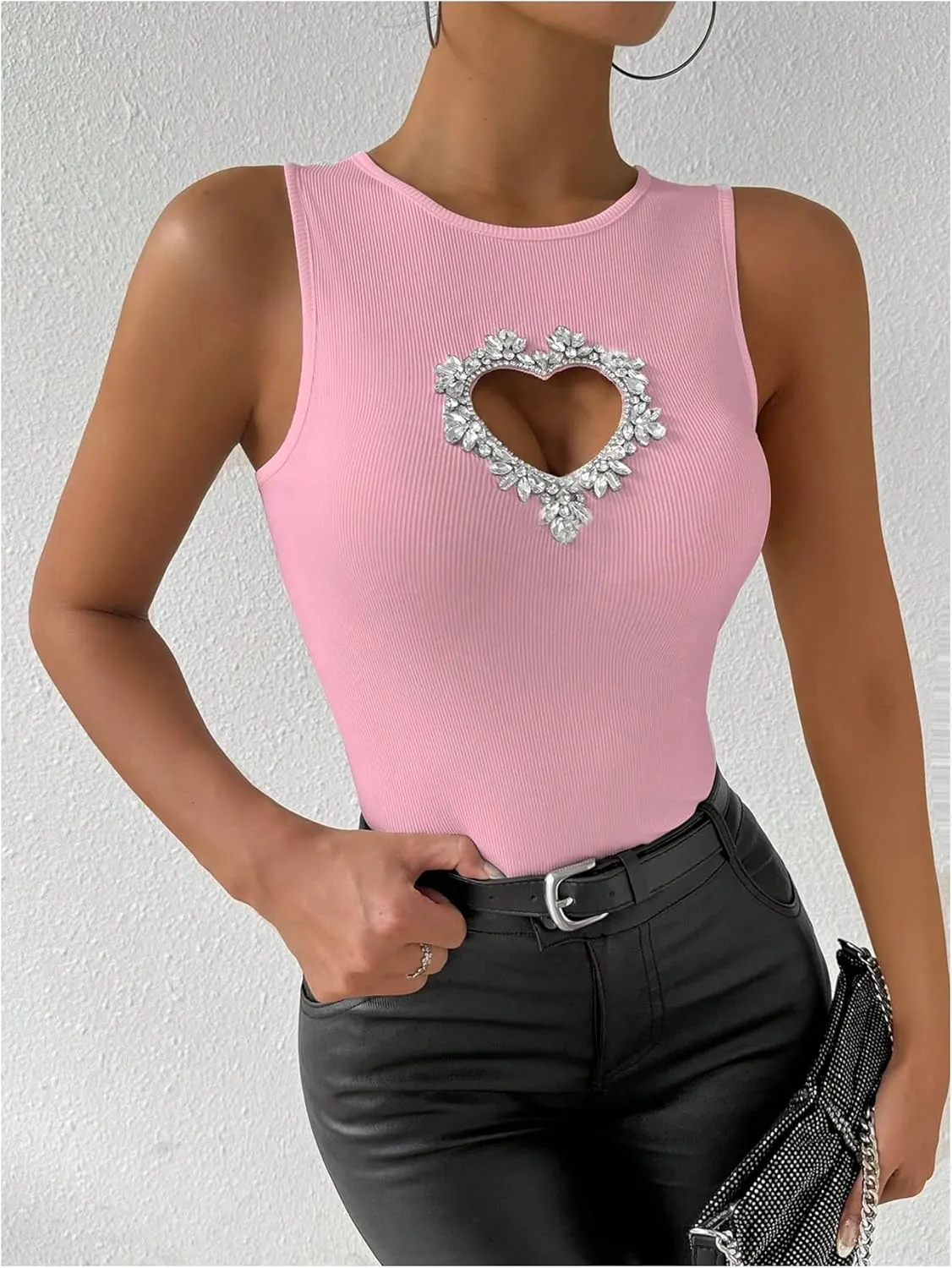 WDIRARA Women's Heart Rhinestone Cut Out Tank Top Casual Slim Fit Rib Knit Tops