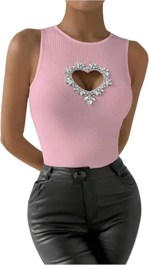 WDIRARA Women's Heart Rhinestone Cut Out Tank Top Casual Slim Fit Rib Knit Tops
