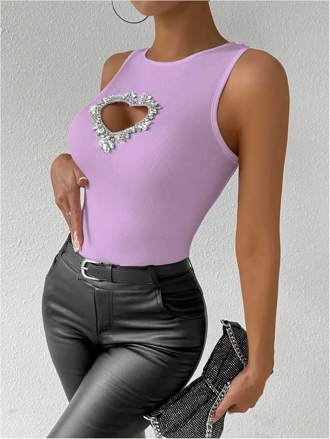 WDIRARA Women's Heart Rhinestone Cut Out Tank Top Casual Slim Fit Rib Knit Tops