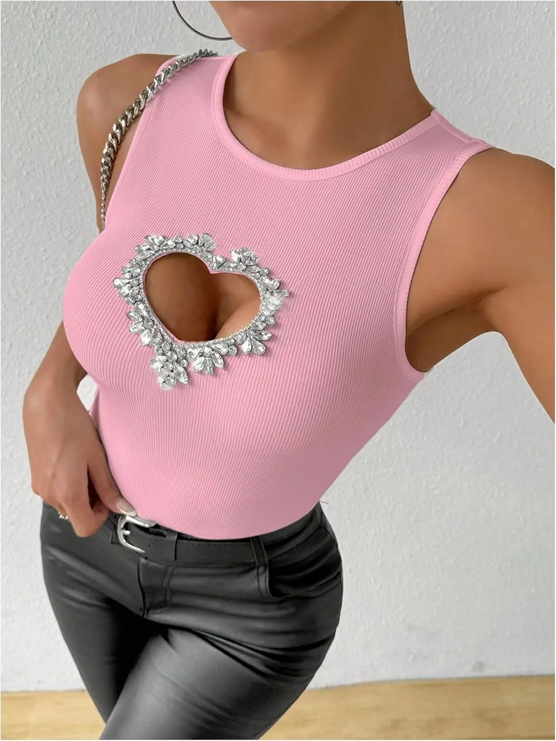 WDIRARA Women's Heart Rhinestone Cut Out Tank Top Casual Slim Fit Rib Knit Tops