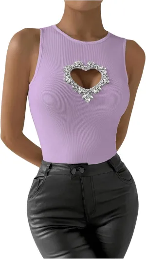 WDIRARA Women's Heart Rhinestone Cut Out Tank Top Casual Slim Fit Rib Knit Tops
