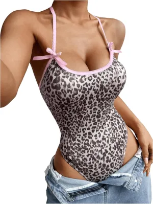 WDIRARA Women's Leopard Print Bow Front Halter Neck Y2k Bodysuit Sexy Contrast Binding Sleeveless Camisole Leotard