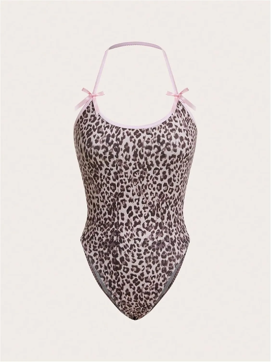 WDIRARA Women's Leopard Print Bow Front Halter Neck Y2k Bodysuit Sexy Contrast Binding Sleeveless Camisole Leotard