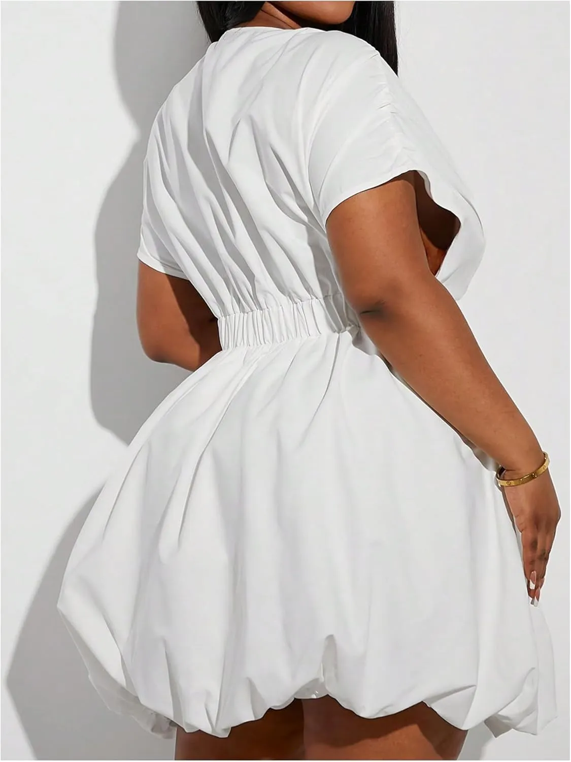 WDIRARA Women's Plus Size Deep V Neck Bubble Dress Short Sleeve A Line Mini Dresses