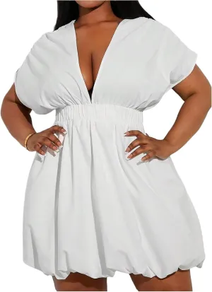 WDIRARA Women's Plus Size Deep V Neck Bubble Dress Short Sleeve A Line Mini Dresses