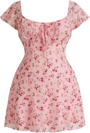 WDIRARA Women's Plus Size Mesh Floral Print Mini Dress Tie Front Ruched Bust Ruffle A Line Dresses