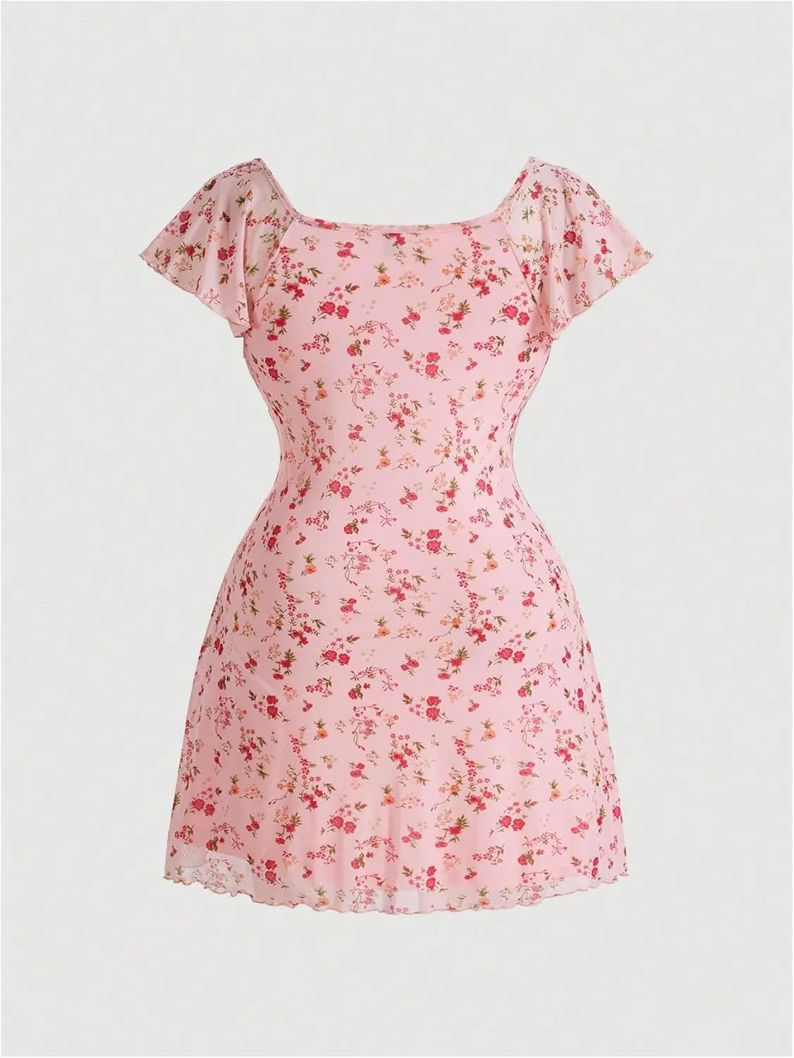 WDIRARA Women's Plus Size Mesh Floral Print Mini Dress Tie Front Ruched Bust Ruffle A Line Dresses