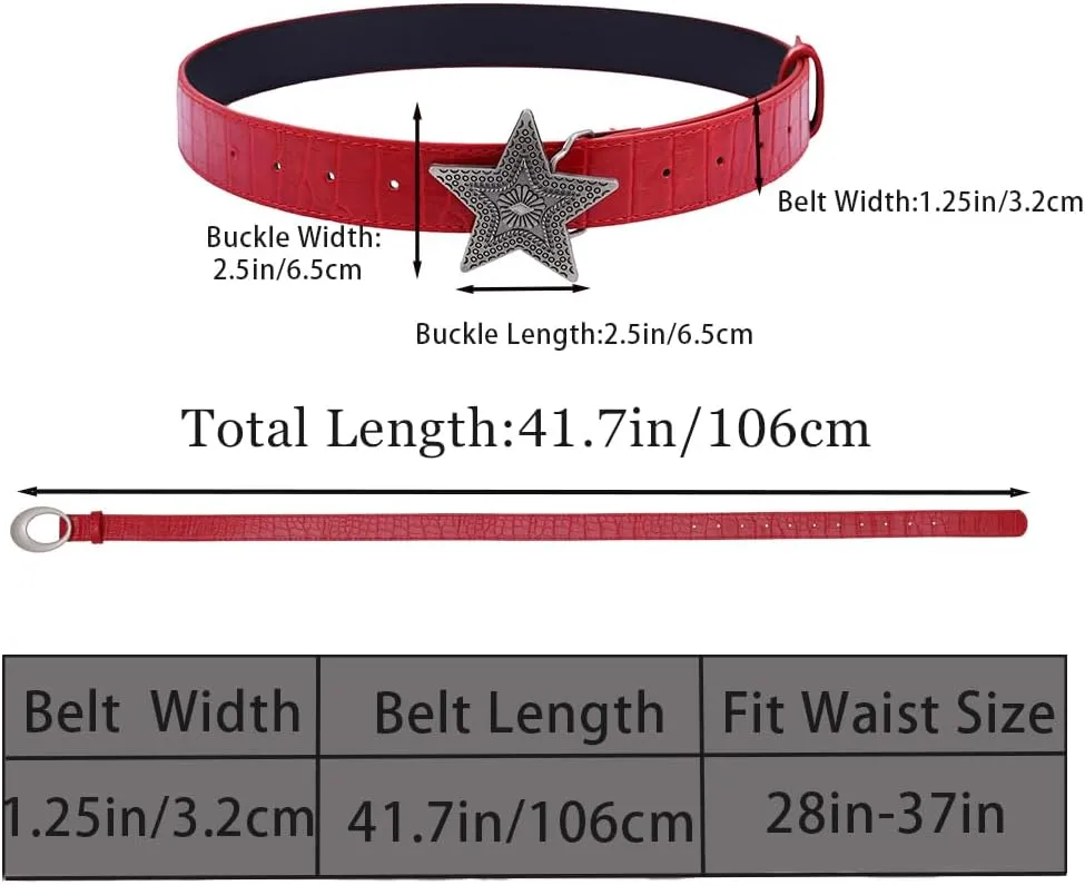Western Women Leather Belt with Star Buckle Vintage Ladies Waist Belts for Pants Jeans Cowboy Cowgirls Belt