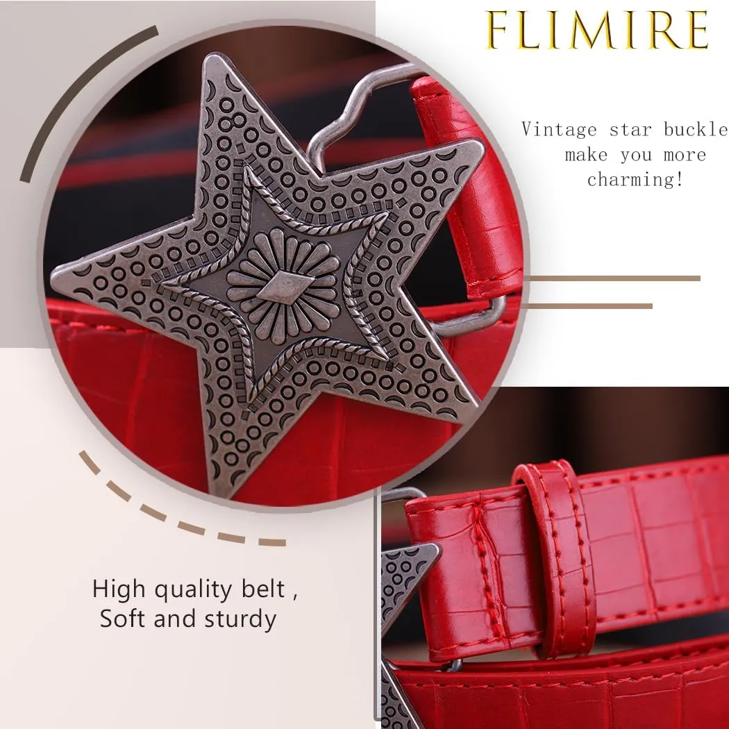 Western Women Leather Belt with Star Buckle Vintage Ladies Waist Belts for Pants Jeans Cowboy Cowgirls Belt