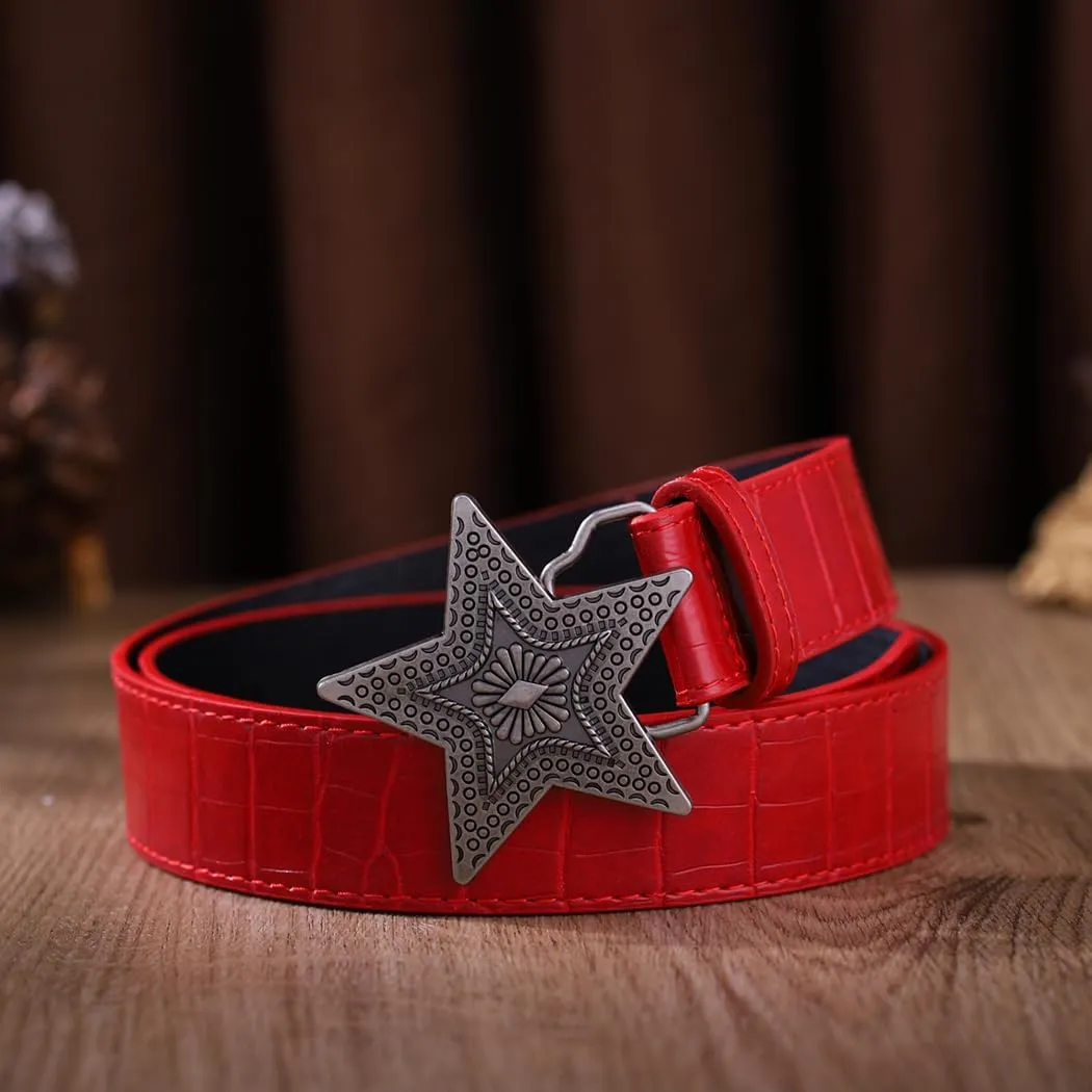 Western Women Leather Belt with Star Buckle Vintage Ladies Waist Belts for Pants Jeans Cowboy Cowgirls Belt