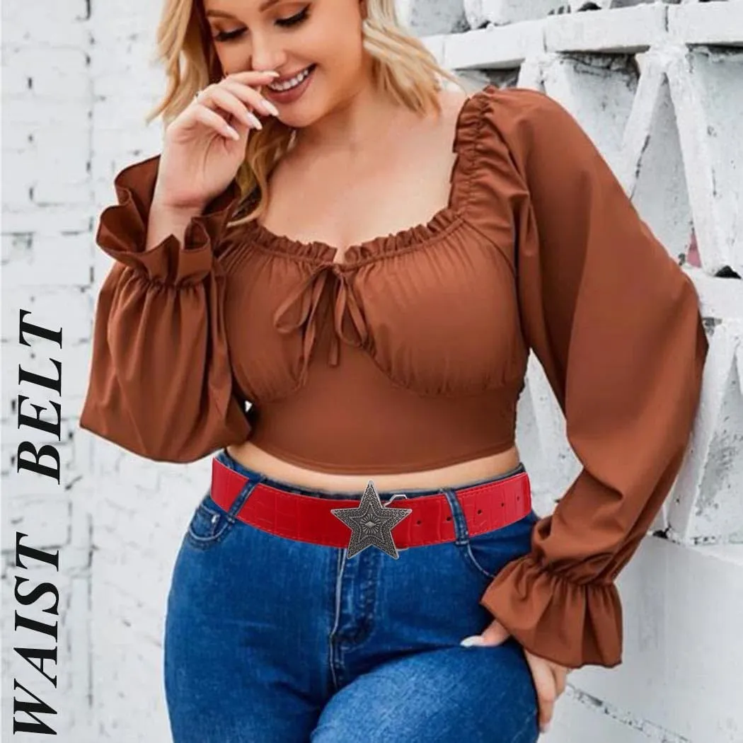 Western Women Leather Belt with Star Buckle Vintage Ladies Waist Belts for Pants Jeans Cowboy Cowgirls Belt
