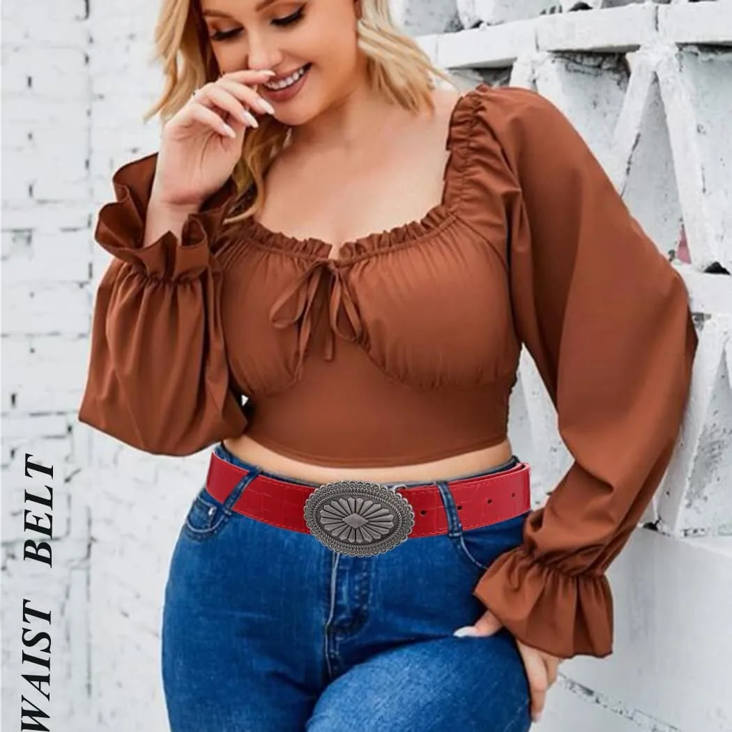 Western Women Leather Belt with Star Buckle Vintage Ladies Waist Belts for Pants Jeans Cowboy Cowgirls Belt