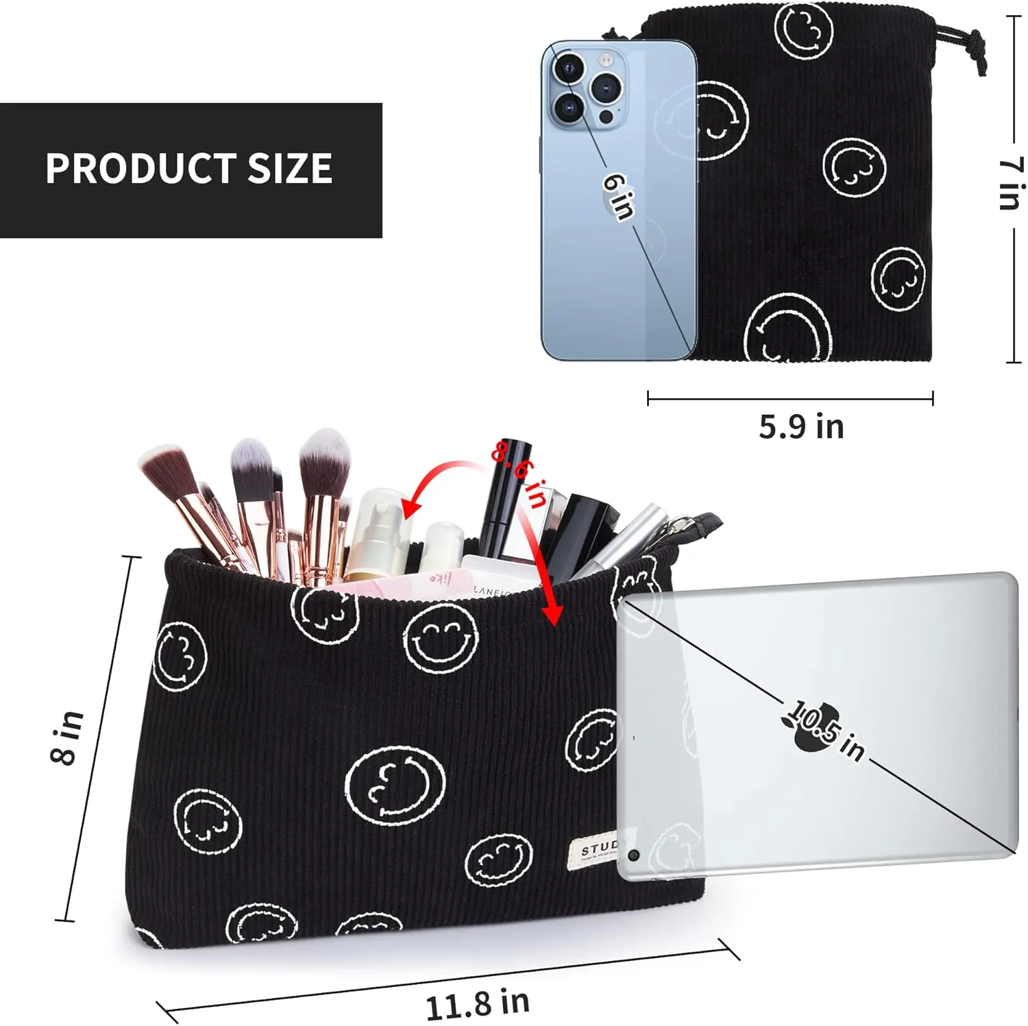 WLLWOO Makeup Bag-2pcs Smile Face Corduroy Cosmetic Bag Zipper Interior Waterproof Pencil Case Coin Purse Travel Toiletry Small Makeup Pouch For Women
