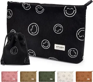 WLLWOO Makeup Bag-2pcs Smile Face Corduroy Cosmetic Bag Zipper Interior Waterproof Pencil Case Coin Purse Travel Toiletry Small Makeup Pouch For Women